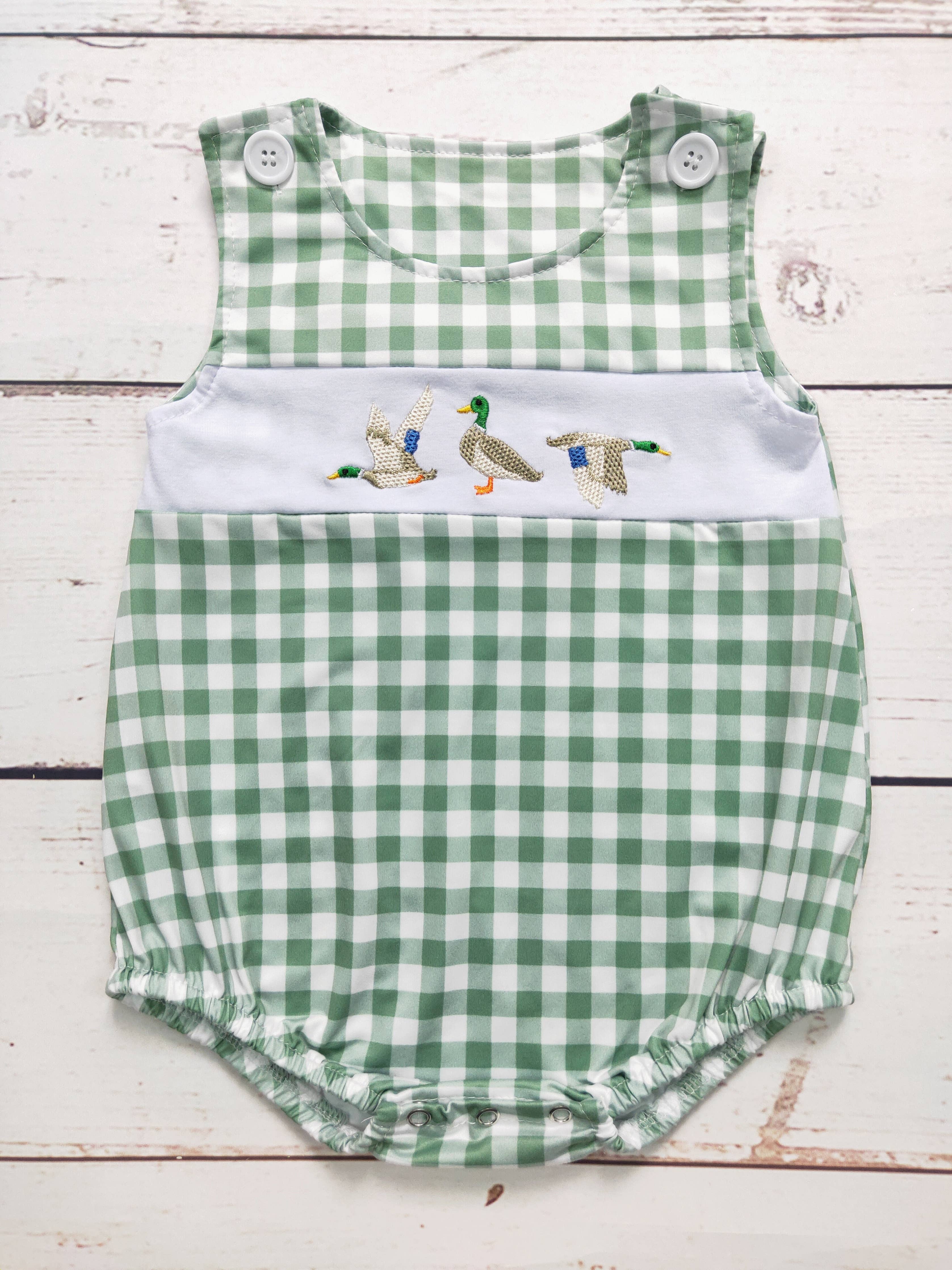 Baby Boys Checkered Duck Appliqué Romper: 0-3M