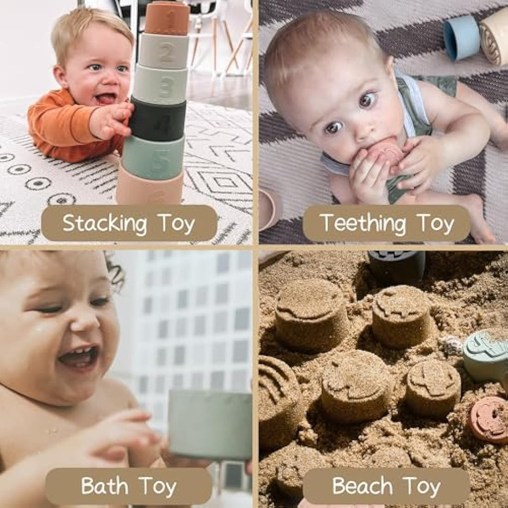 Moonkie Baby Stacking Cups Toy Silicone, Teether for Baby, Early Development & Activity Toys, Silicone Soft Teething Toy, for Bath Play, Stacking Toys 7 Piece Set