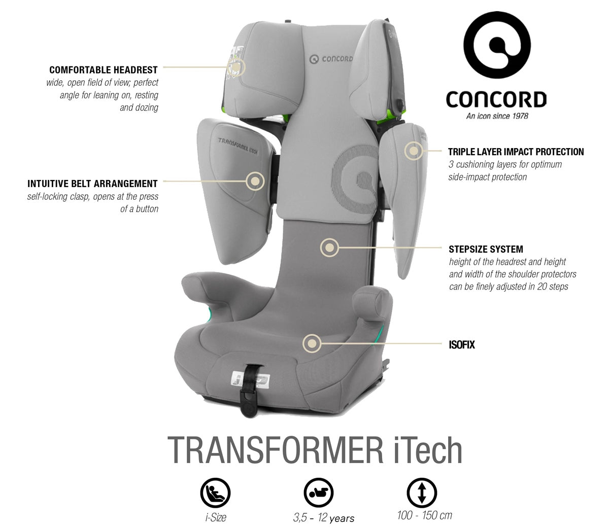 Jané Concord Transformer iTech i-Size ISOFIX Car Seat 100–150cm, 3-12 years