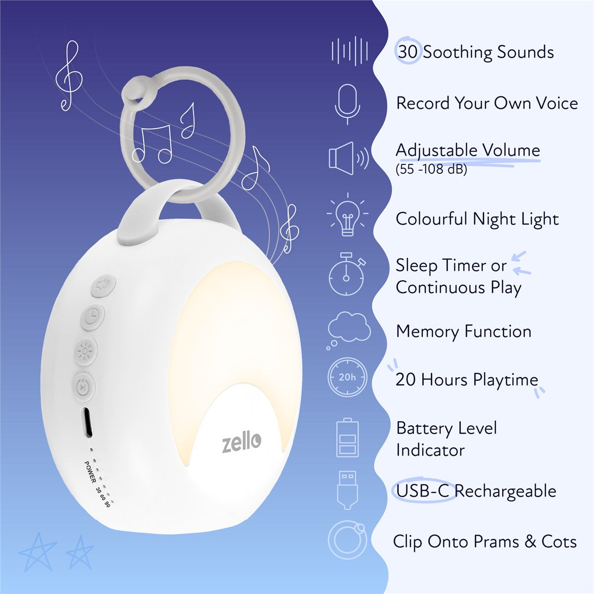 Zello Portable White Noise Machine 30 Soothing Sounds 7 Colour Moon Nightlight Sleep Timer 20hr Battery Voice Record Memory Function Sleep Timer Sound Machine Travel Pram Pushchair Cot Nursery