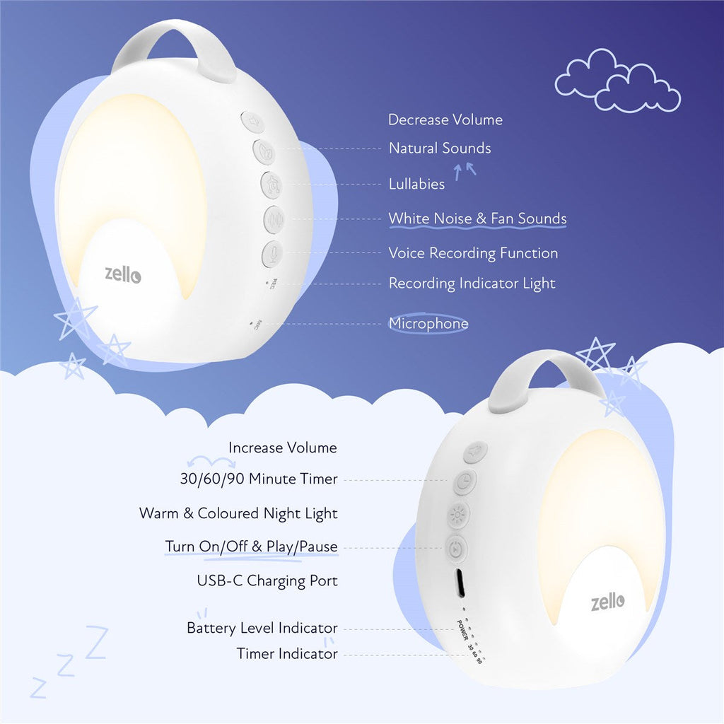 Zello Portable White Noise Machine 30 Soothing Sounds 7 Colour Moon Nightlight Sleep Timer 20hr Battery Voice Record Memory Function Sleep Timer Sound Machine Travel Pram Pushchair Cot Nursery