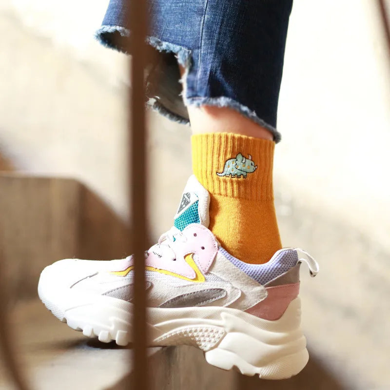 Embroidered Dinosaur Cotton Tube Socks