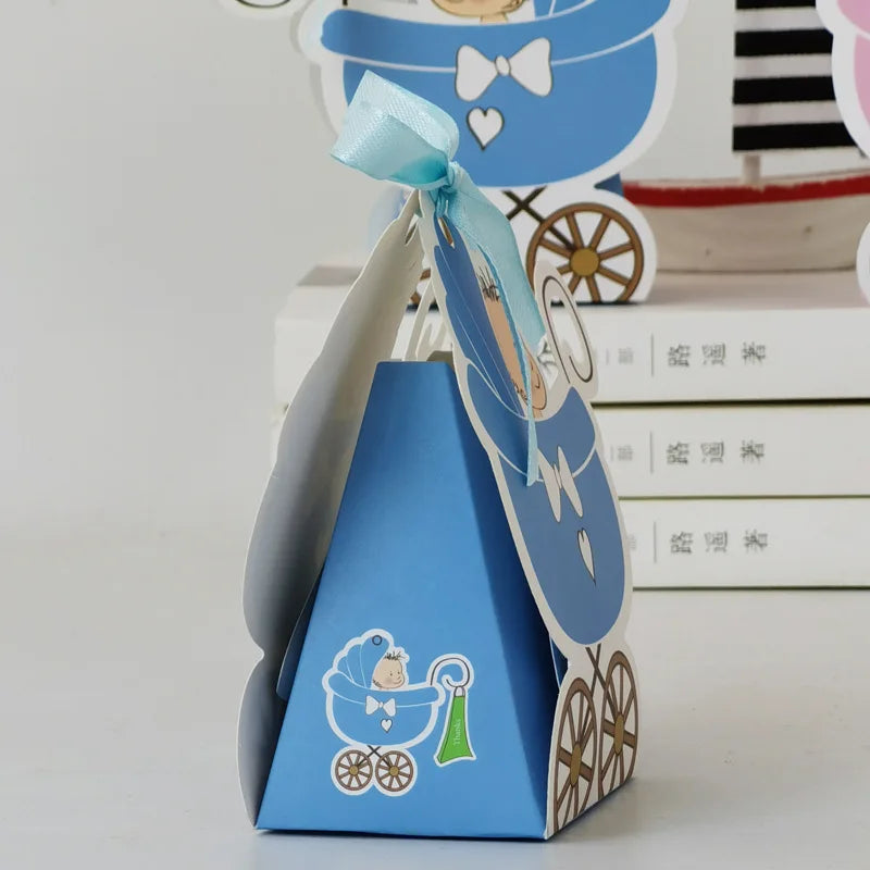 Baby Carriage Favor Boxes 10 Pack - Pastel Paperboard with Ribbon