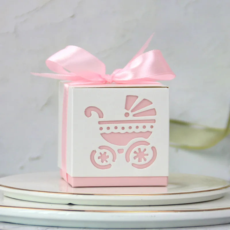 Baby Carriage Favor Boxes 10 Pack - Pastel Paperboard with Ribbon