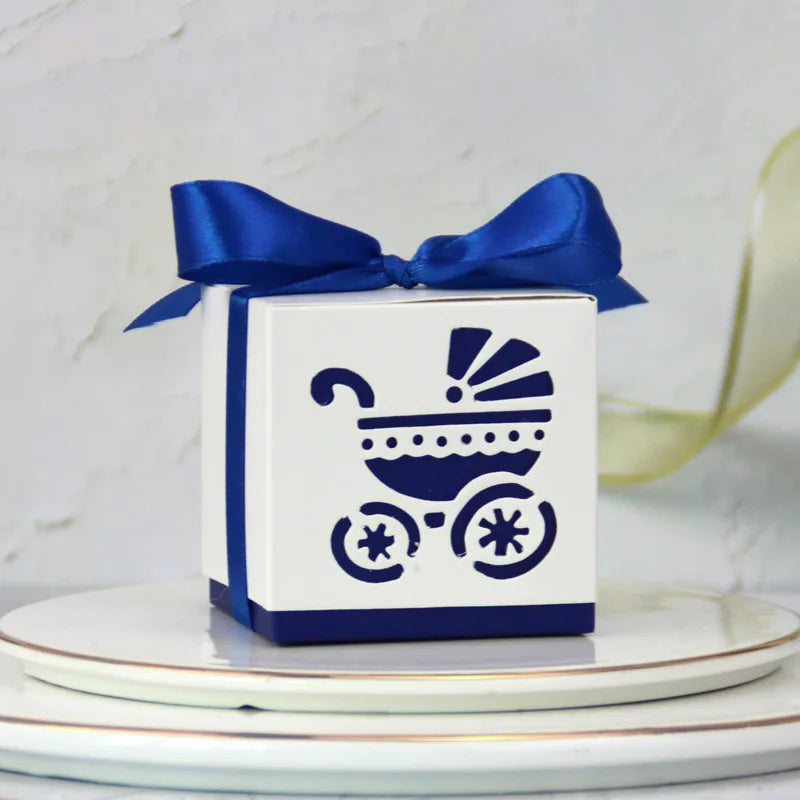 Baby Carriage Favor Boxes 10 Pack - Pastel Paperboard with Ribbon