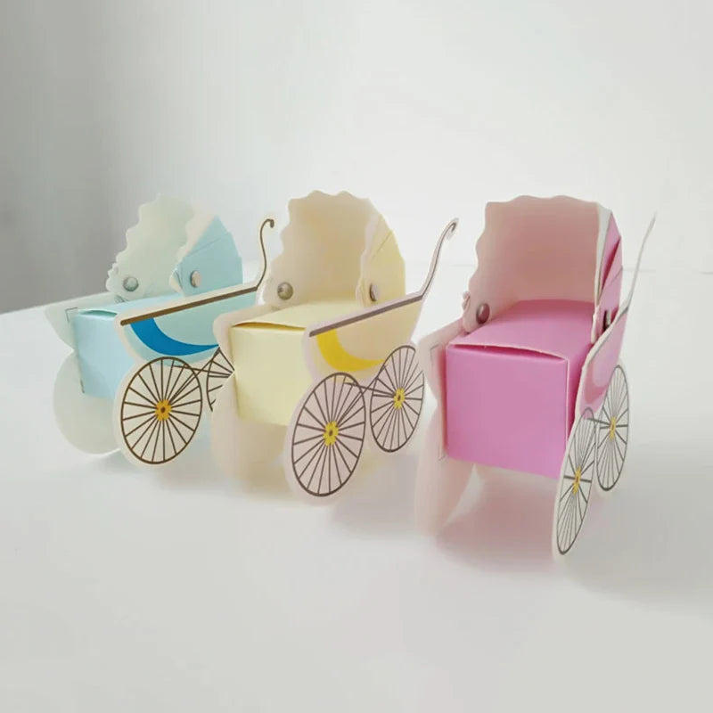 Baby Carriage Favor Boxes 10 Pack - Pastel Paperboard with Ribbon