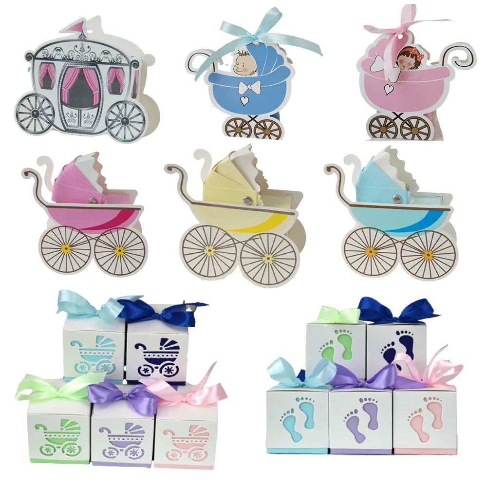 Baby Carriage Favor Boxes 10 Pack - Pastel Paperboard with Ribbon