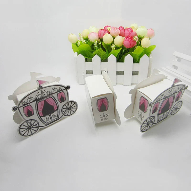 Baby Carriage Favor Boxes 10 Pack - Pastel Paperboard with Ribbon