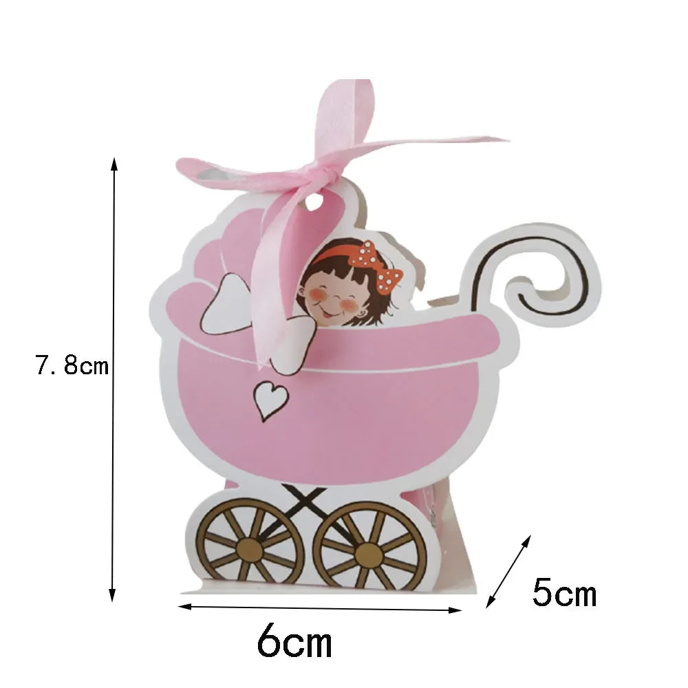 Baby Carriage Favor Boxes 10 Pack - Pastel Paperboard with Ribbon