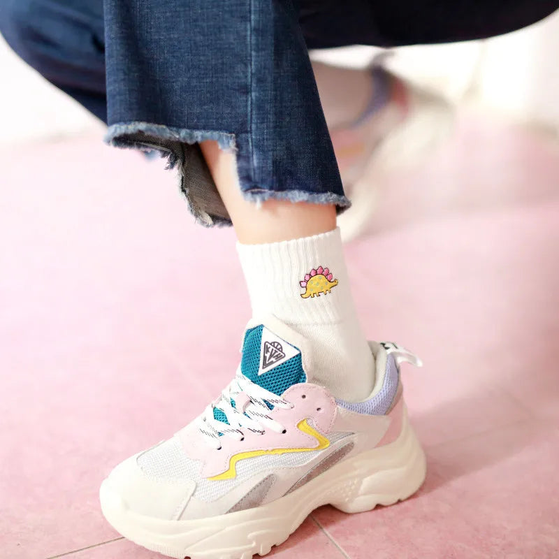 Embroidered Dinosaur Cotton Tube Socks