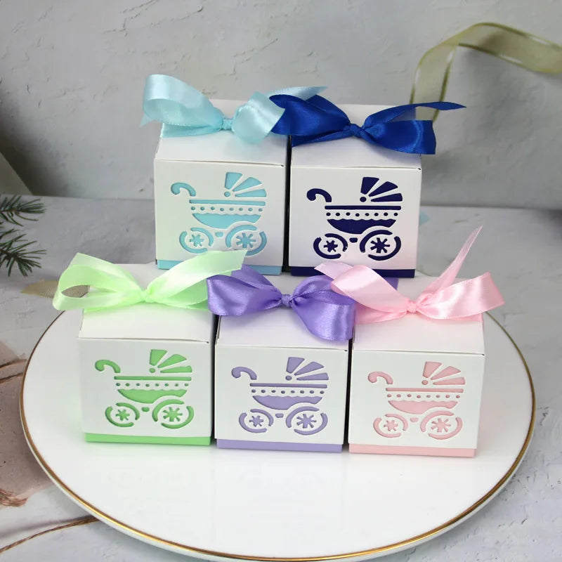 Baby Carriage Favor Boxes 10 Pack - Pastel Paperboard with Ribbon