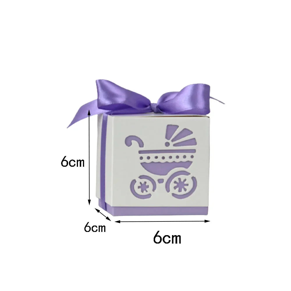 Baby Carriage Favor Boxes 10 Pack - Pastel Paperboard with Ribbon