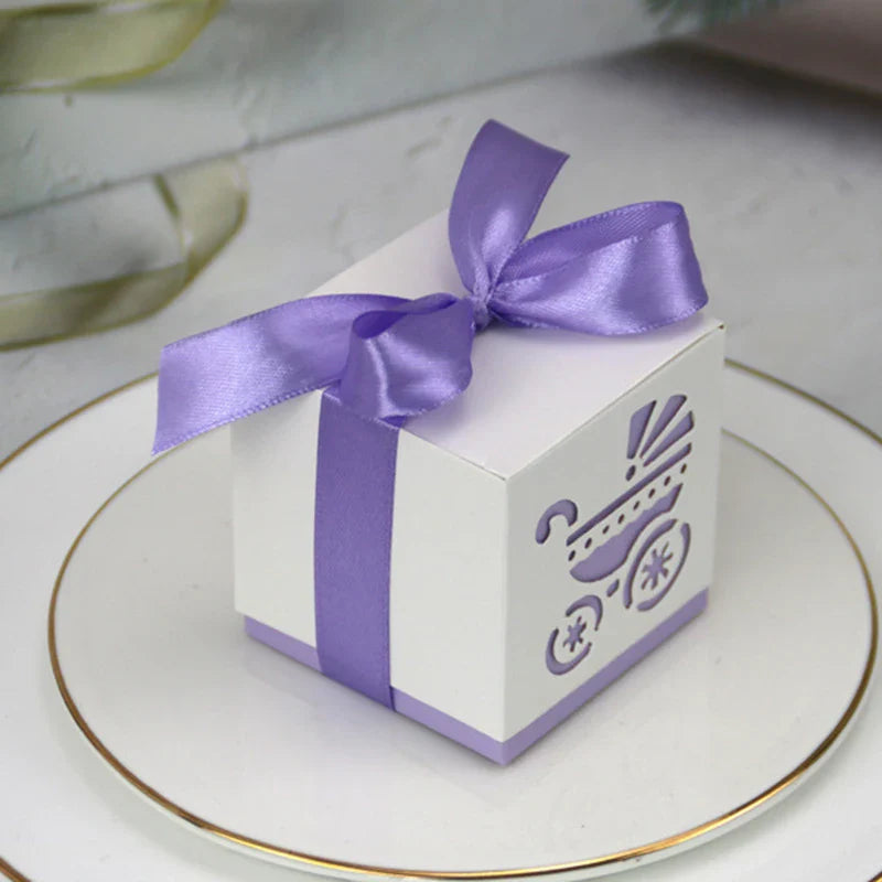 Baby Carriage Favor Boxes 10 Pack - Pastel Paperboard with Ribbon
