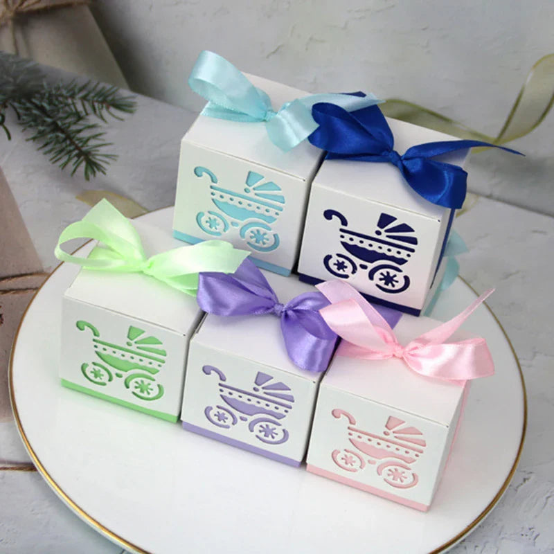 Baby Carriage Favor Boxes 10 Pack - Pastel Paperboard with Ribbon
