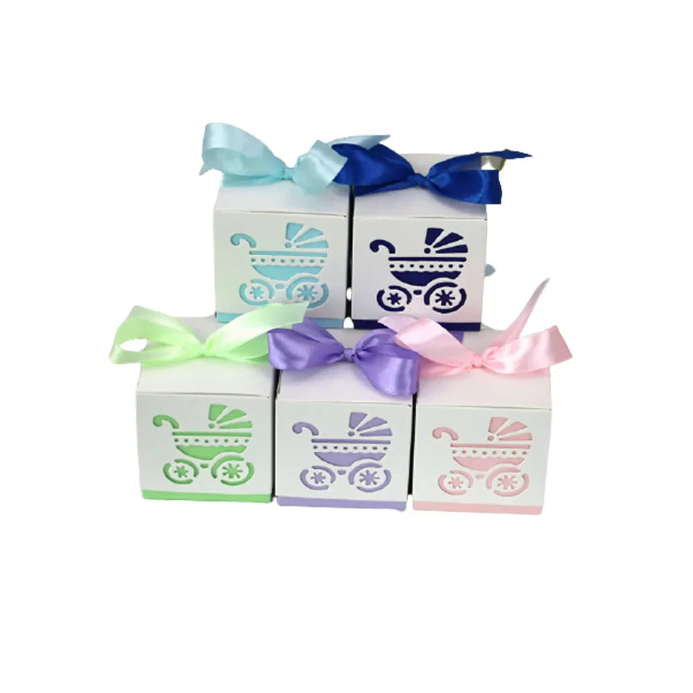 Baby Carriage Favor Boxes 10 Pack - Pastel Paperboard with Ribbon
