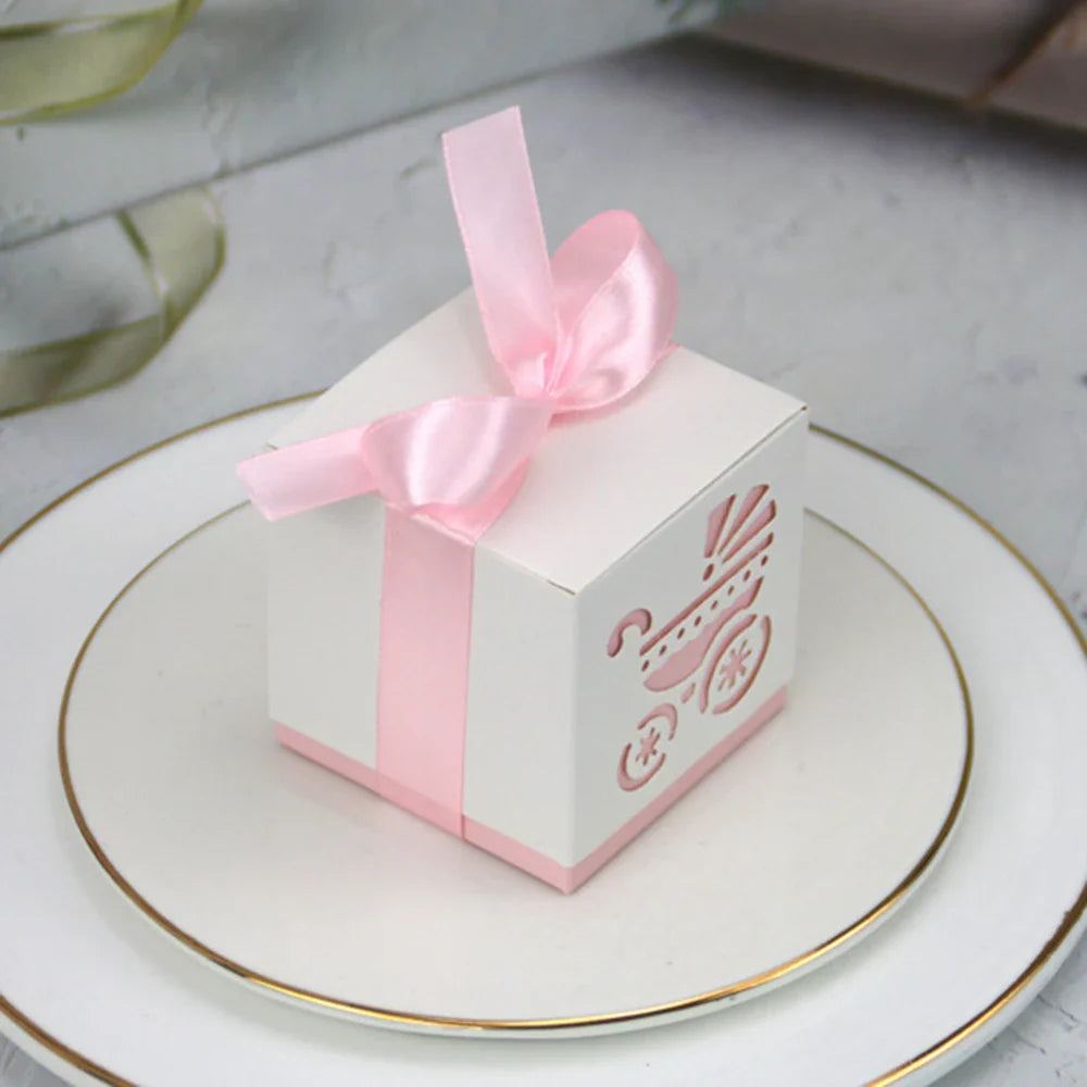 Baby Carriage Favor Boxes 10 Pack - Pastel Paperboard with Ribbon