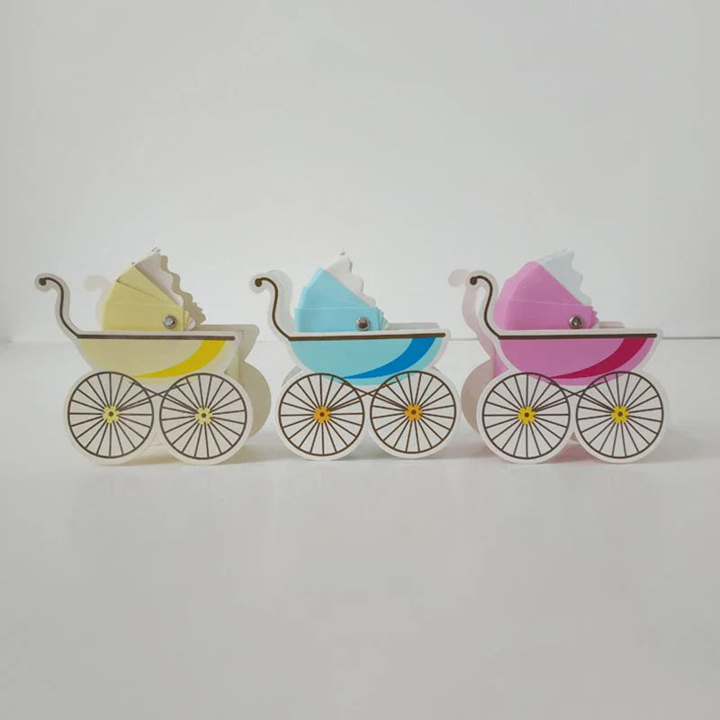 Baby Carriage Favor Boxes 10 Pack - Pastel Paperboard with Ribbon