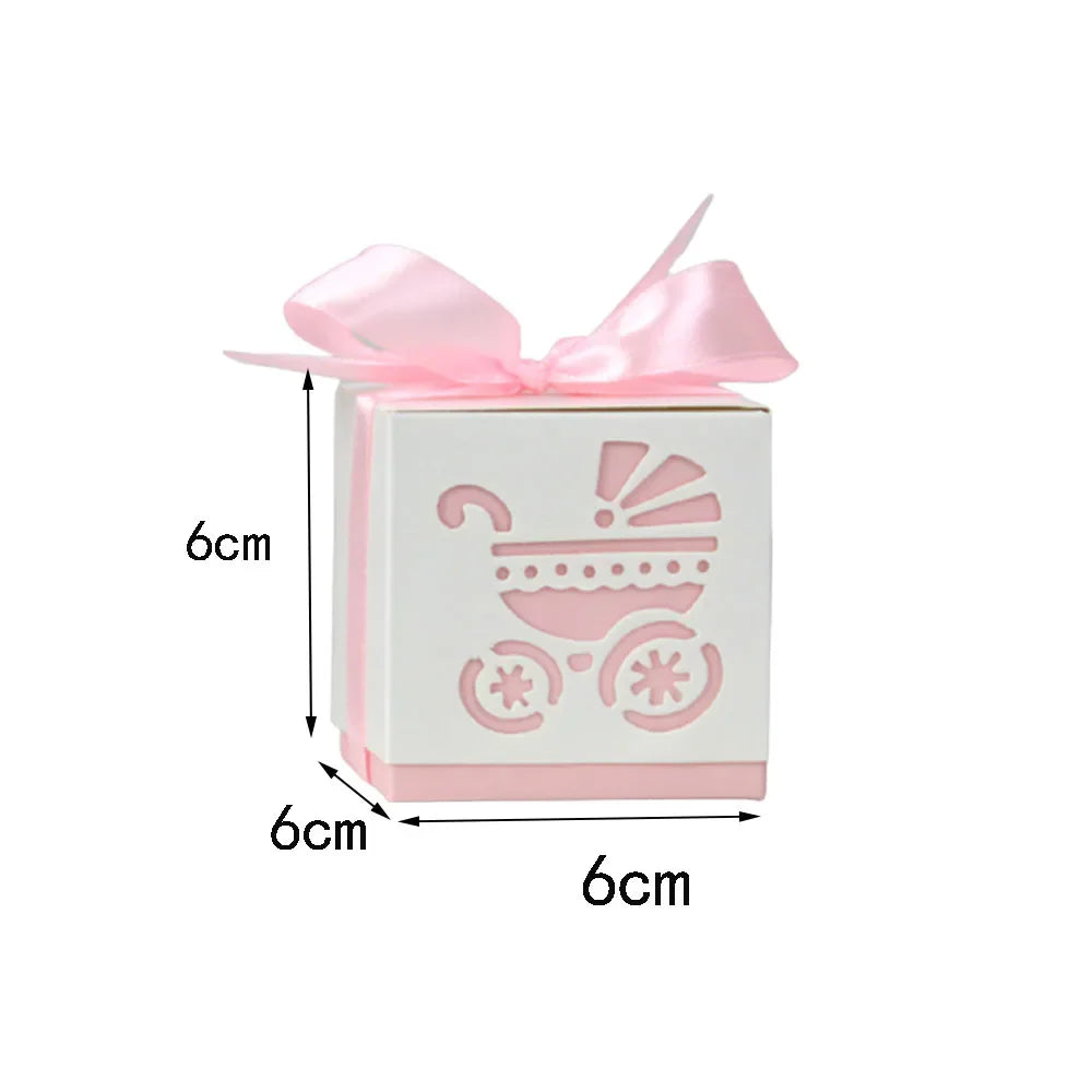 Baby Carriage Favor Boxes 10 Pack - Pastel Paperboard with Ribbon