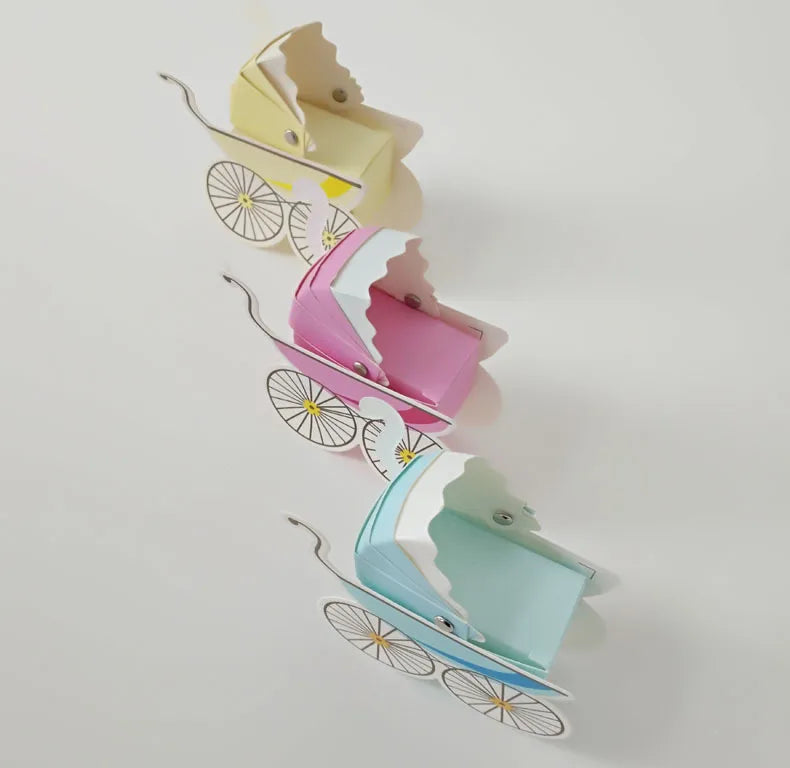 Baby Carriage Favor Boxes 10 Pack - Pastel Paperboard with Ribbon