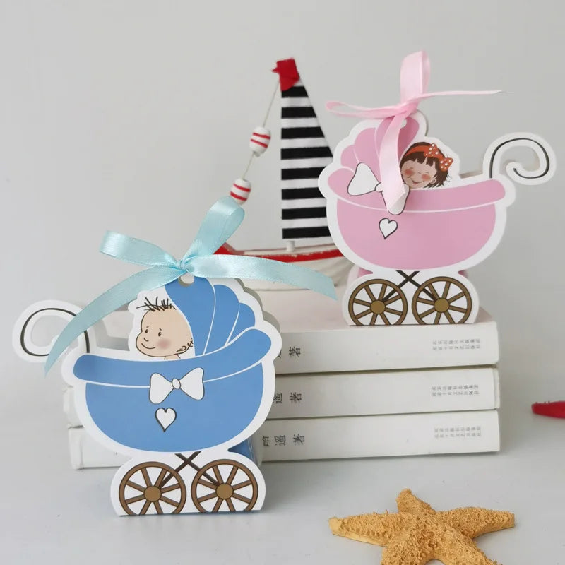 Baby Carriage Favor Boxes 10 Pack - Pastel Paperboard with Ribbon