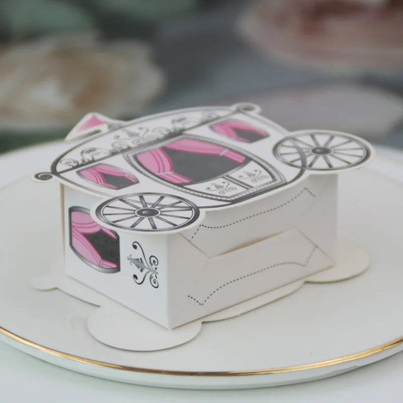 Baby Carriage Favor Boxes 10 Pack - Pastel Paperboard with Ribbon