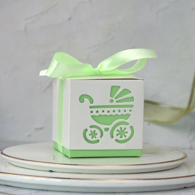 Baby Carriage Favor Boxes 10 Pack - Pastel Paperboard with Ribbon