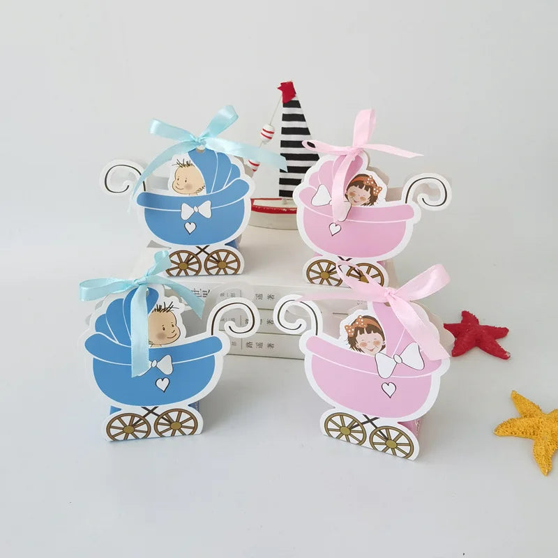 Baby Carriage Favor Boxes 10 Pack - Pastel Paperboard with Ribbon