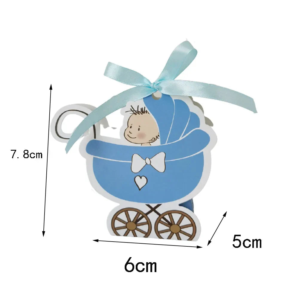 Baby Carriage Favor Boxes 10 Pack - Pastel Paperboard with Ribbon