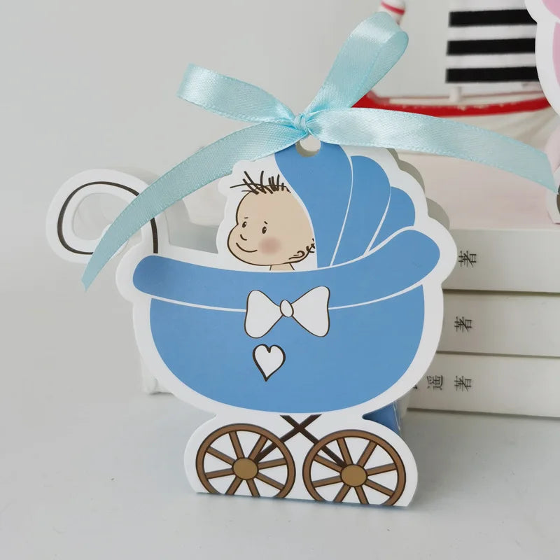 Baby Carriage Favor Boxes 10 Pack - Pastel Paperboard with Ribbon