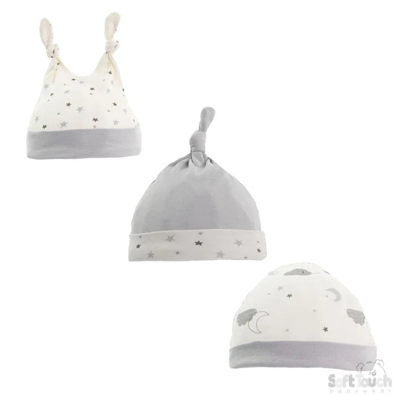 BOYS 3 PACK CLOUDS & STARS HATS (0-9 MONTHS)