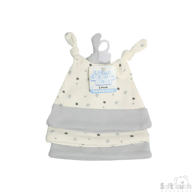 BOYS 3 PACK CLOUDS & STARS HATS (0-9 MONTHS)