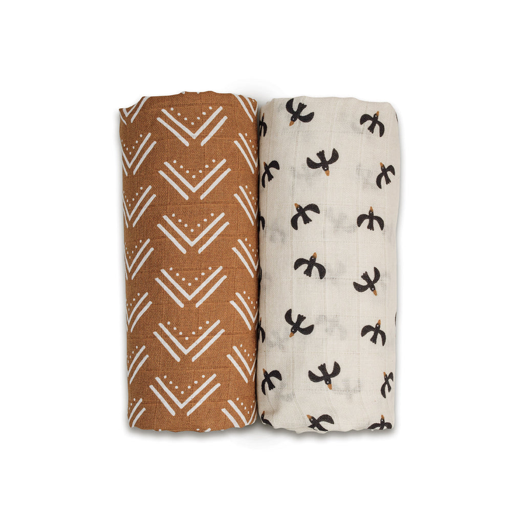 Lulujo - 2 Pack Cotton Swaddles - Blackbird / Mudcloth (100cm x100cm)