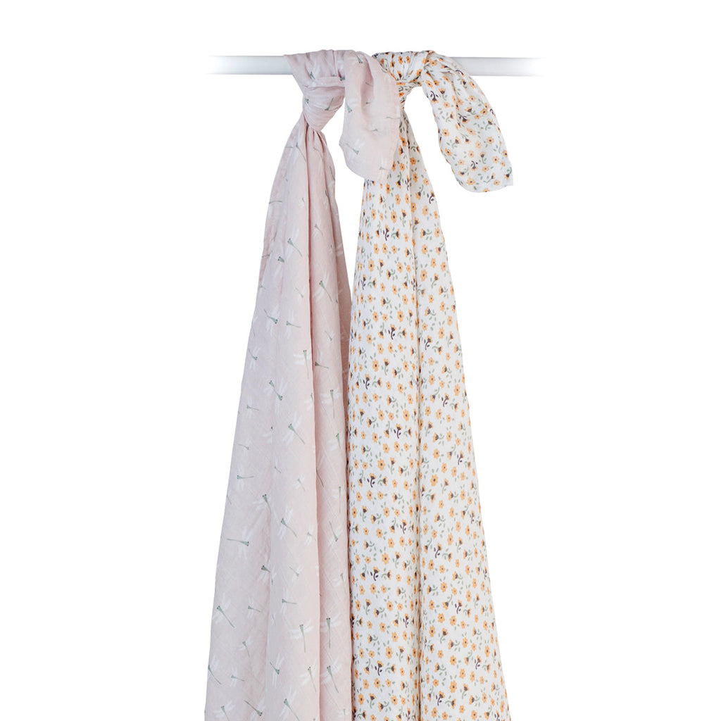 Lulujo - 2 Pack Cotton Swaddles - Vintage Floral / Dragonflies (100cm x100cm)