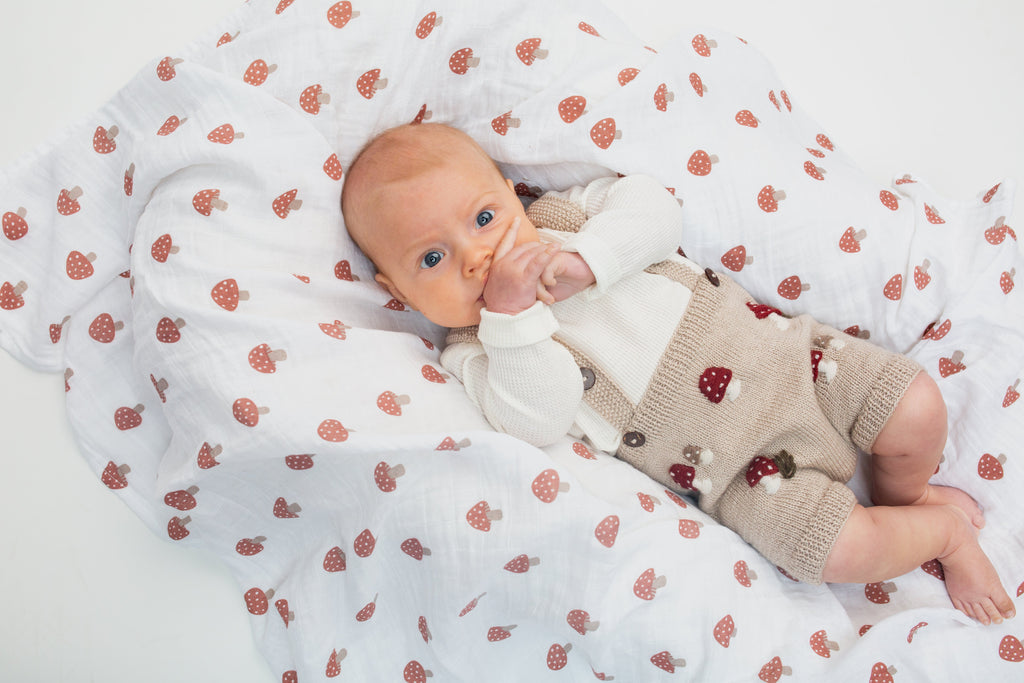 Lulujo - 2 Pack Cotton Swaddles - Mushrooms / Sand (100cm x100cm)