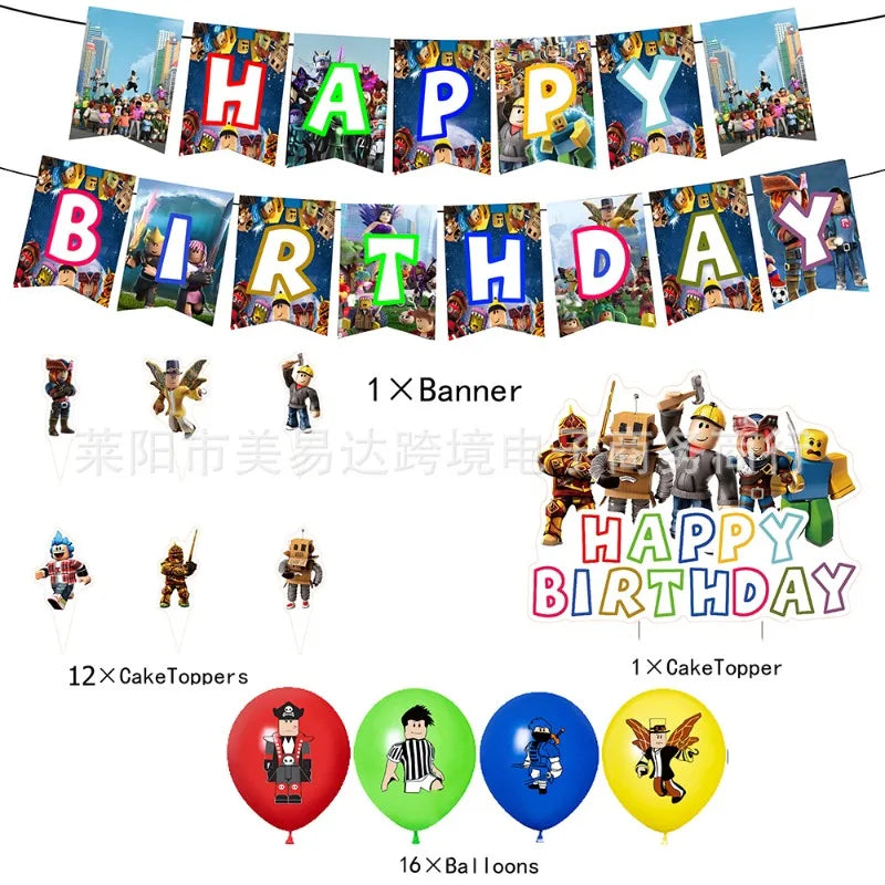 Roblox Birthday Party Supplies 4Pcs Set – Balloons & Cake Toppers
