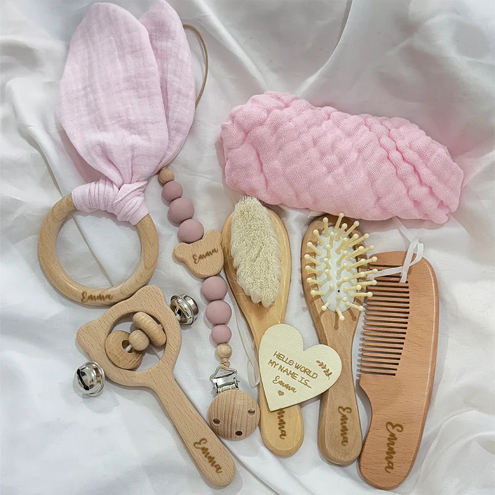 Personalized Wooden Baby Gift Set - Teether, Brush & Rattle