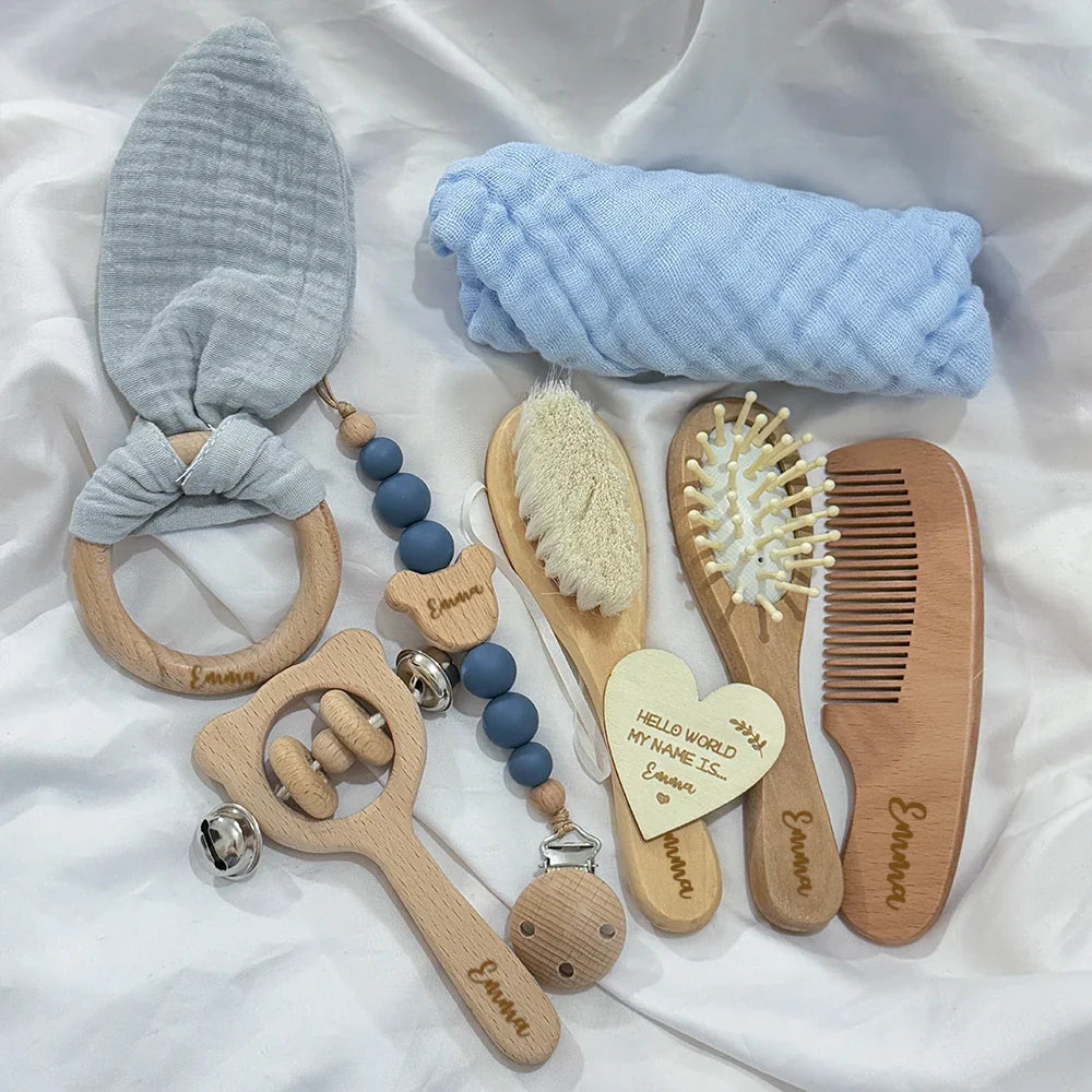 Personalized Wooden Baby Gift Set - Teether, Brush & Rattle