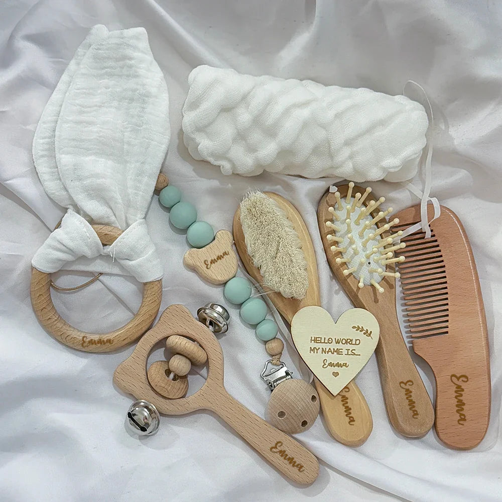Personalized Wooden Baby Gift Set - Teether, Brush & Rattle