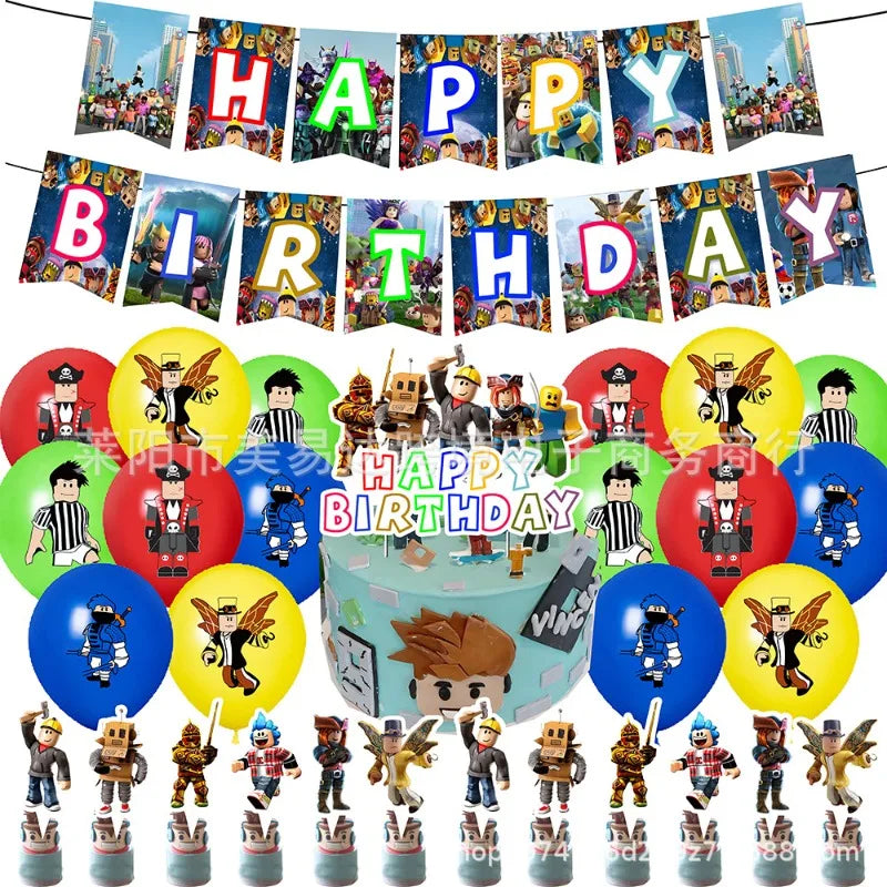 Roblox Birthday Party Supplies 4Pcs Set – Balloons & Cake Toppers