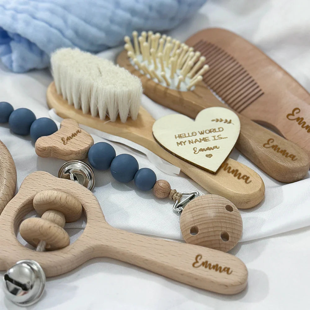 Personalized Wooden Baby Gift Set - Teether, Brush & Rattle