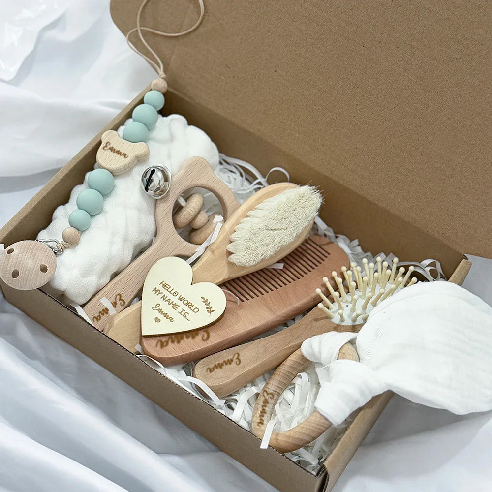 Personalized Wooden Baby Gift Set - Teether, Brush & Rattle