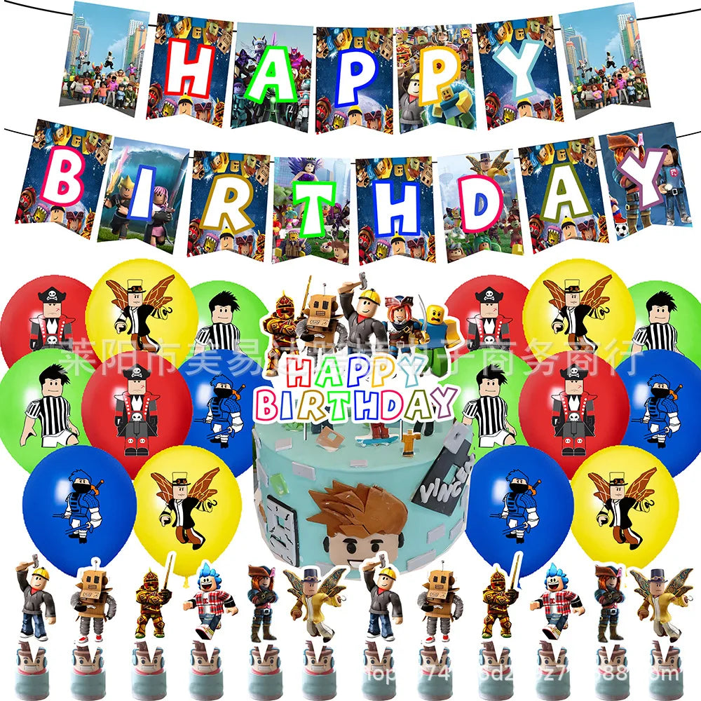 Roblox Birthday Party Supplies 4Pcs Set – Balloons & Cake Toppers