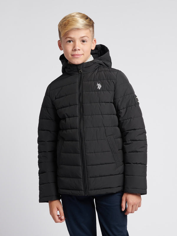 Boys Lightweight Quilt Hooded Puffer Jacket in Black