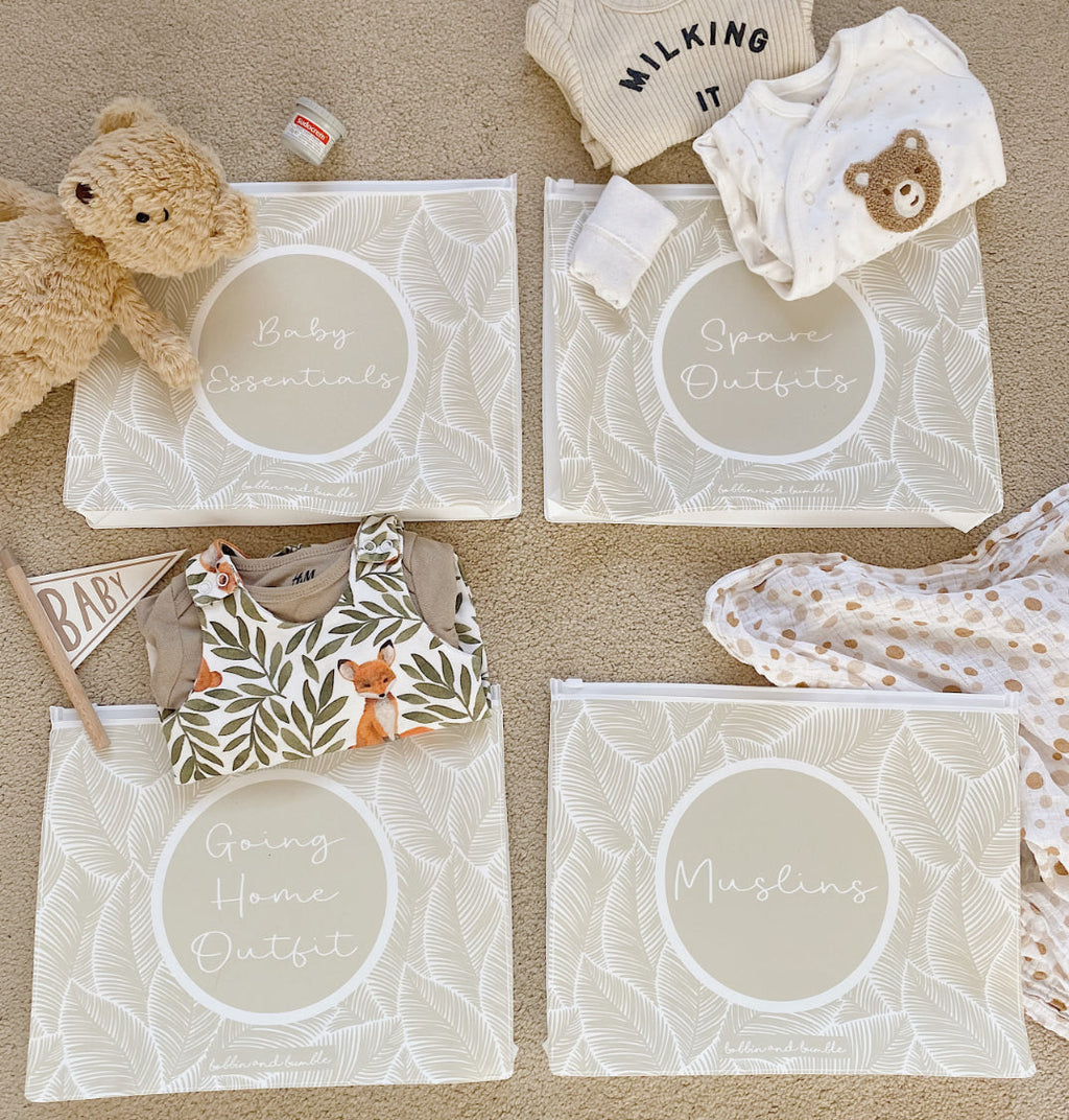 Hospital Bag Organiser Pouches - Unisex Beige Leaf Print