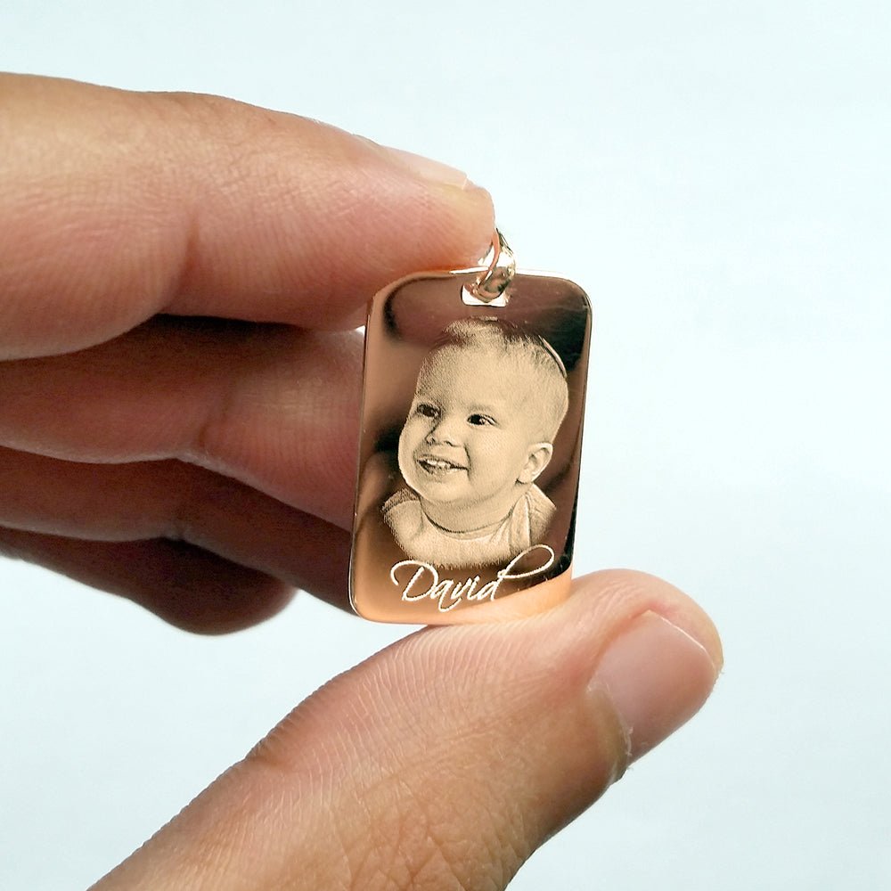 Personalised Mens' Tag Necklace – 18kt Plated Custom Photo & Text Engraved Dog Tag Pendant for Men