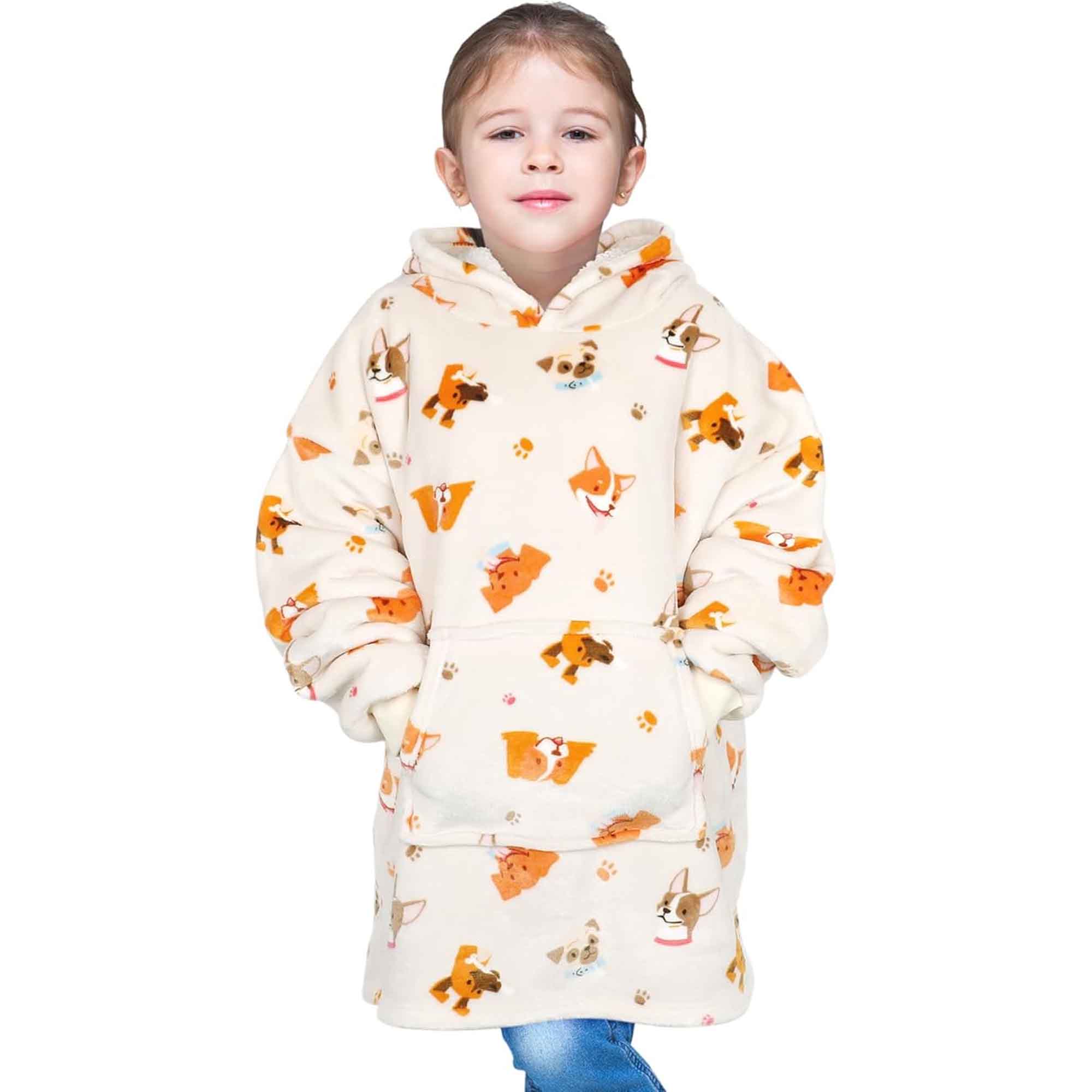 Daisy Dreamer Kids Oversized Hooded Blanket Sweatshirt Ultra Soft Sherpa Fur Flannel Fleece Ages 8-15 Fun Dog Print