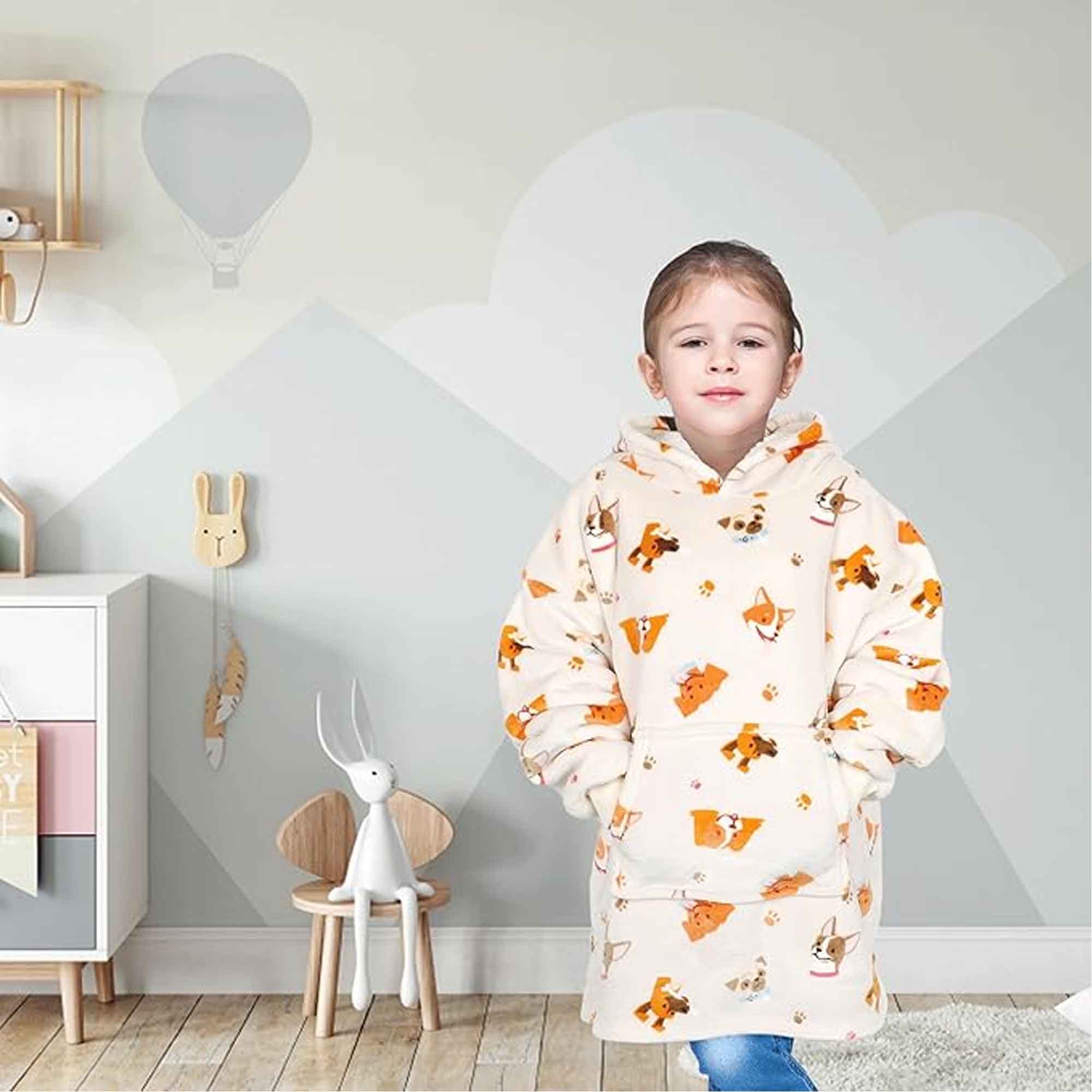 Daisy Dreamer Kids Oversized Hooded Blanket Sweatshirt Ultra Soft Sherpa Fur Flannel Fleece Ages 8-15 Fun Dog Print