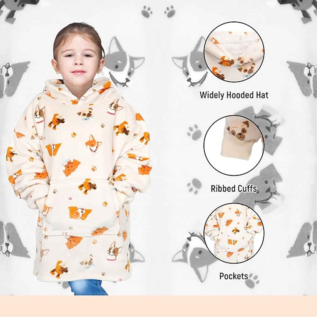 Daisy Dreamer Kids Oversized Hooded Blanket Sweatshirt Ultra Soft Sherpa Fur Flannel Fleece Ages 8-15 Fun Dog Print