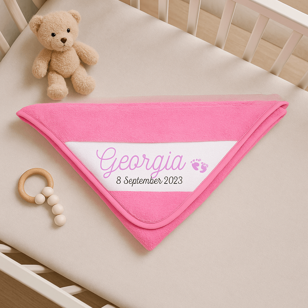 Personalised Baby Towel – Soft Cotton Hooded Infant Wrap 75x75cm | Custom Name & Date Gift